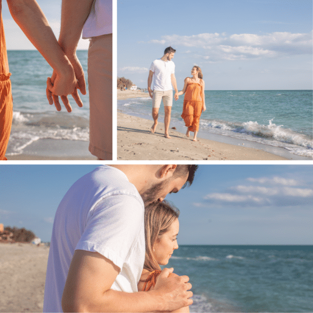 siesta key photographer photos in turtle beach of a couple. The woman is wearing an orange dress and the man is wearing a white shirt with khaki pants and it is a collage of three images